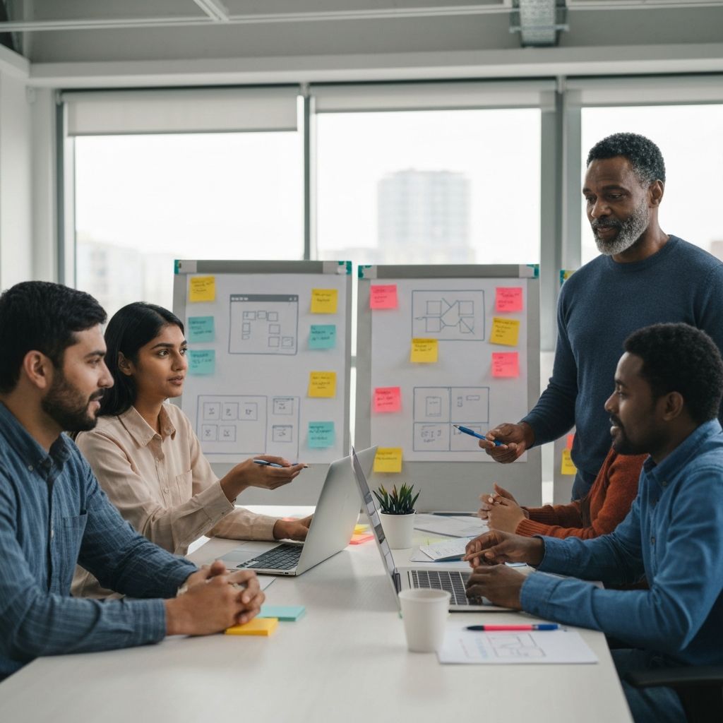 Cross-functional team having a stand-up meeting at a whiteboard